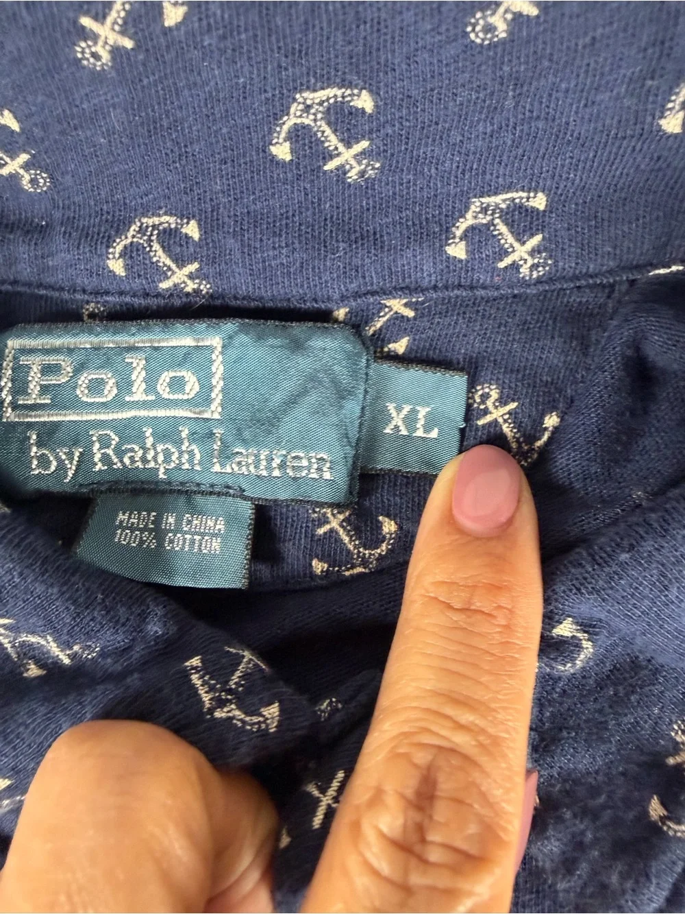 Ralph Lauren Navy Polo with White Anchor Print 100% Cotten Size XL